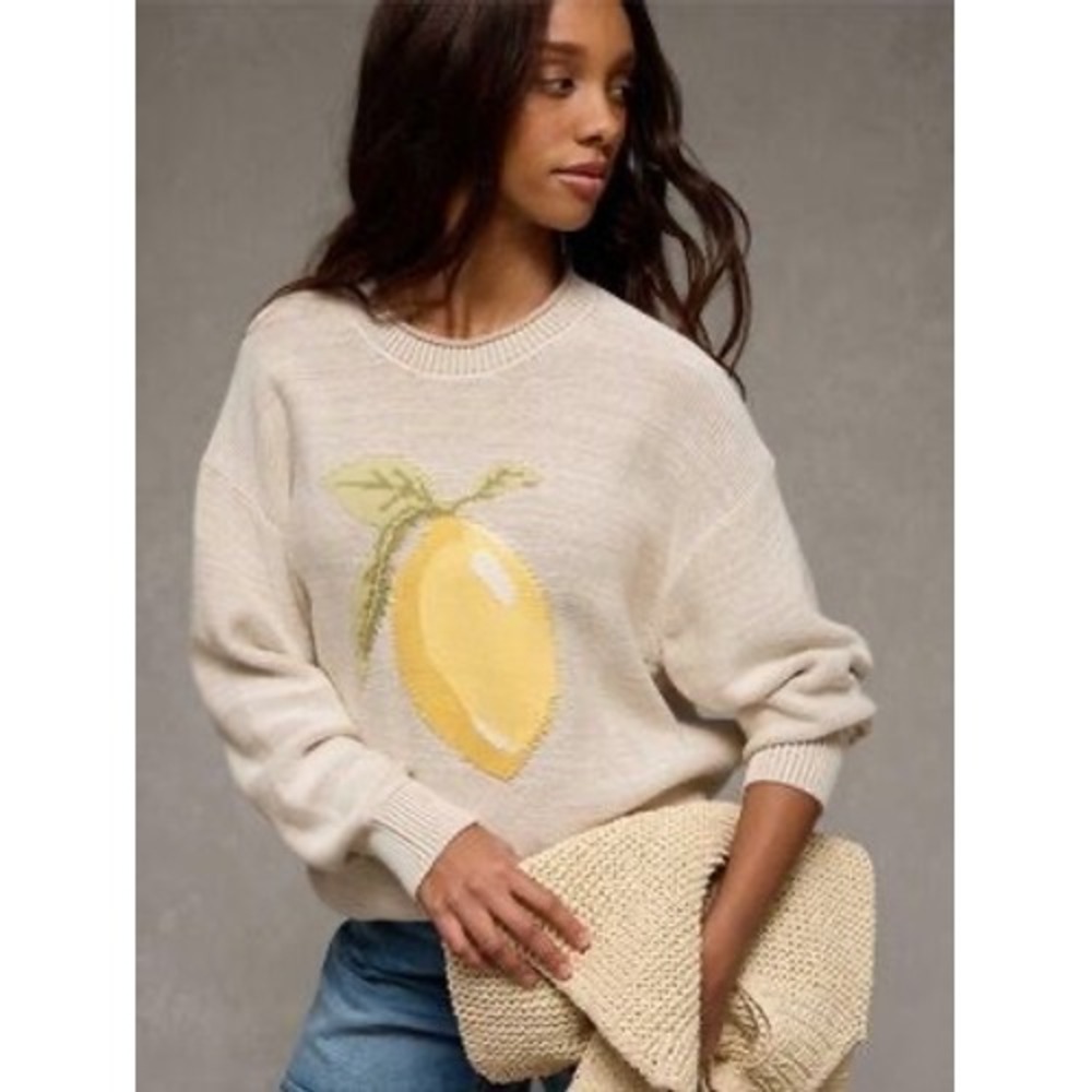 American Eagle Big Hug Lemon Oversized Knit Sweater Beige XS Crewneck